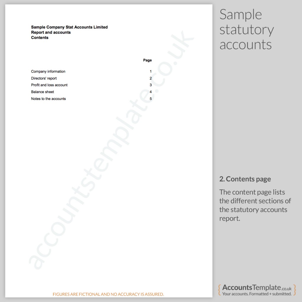 Sample contents page from Statutory Accounts